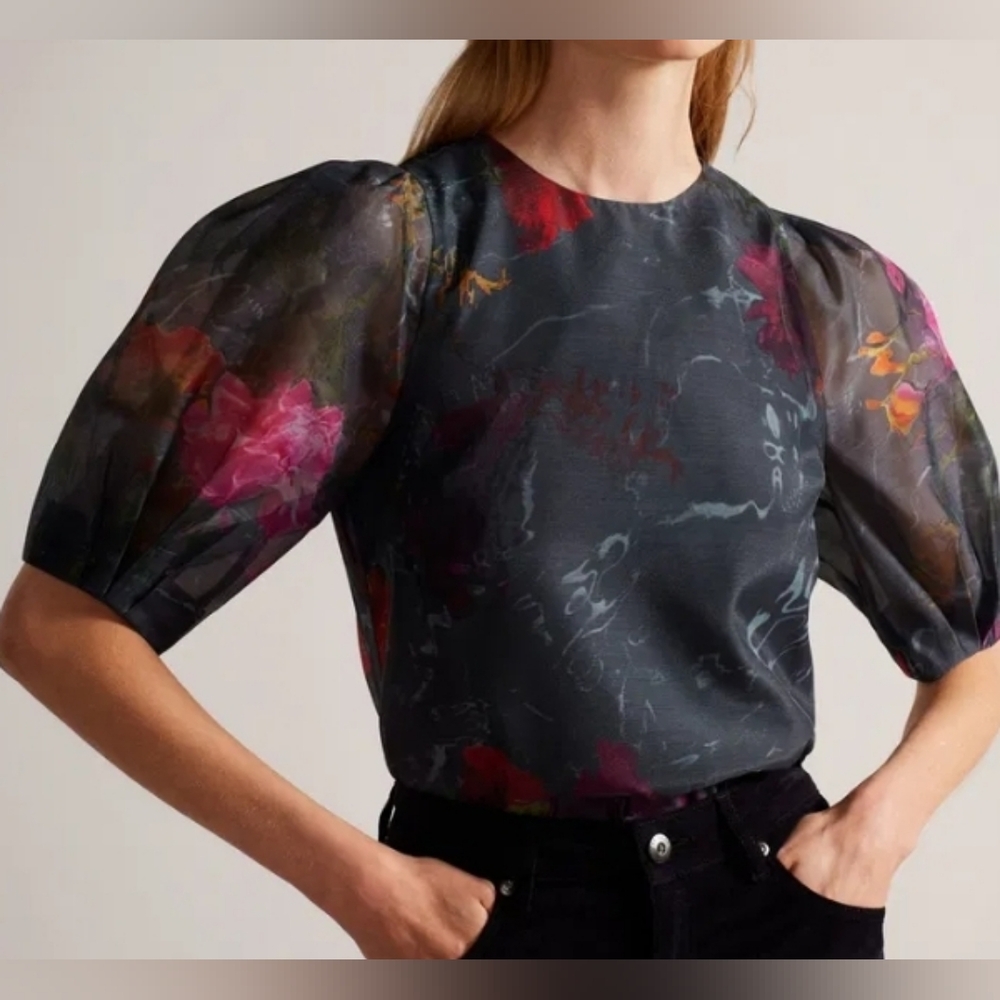 Ted Baker London Dark Gray Floral Puff Sleeve Top, Size 1